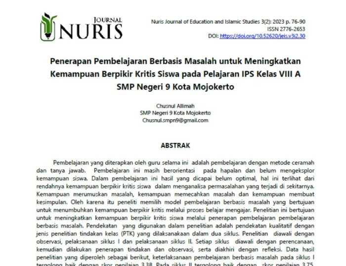 Pengaruh Penggunaan Metode Pembelajaran Berbasis Masalah terhadap Kemampuan Berpikir Kritis Siswa